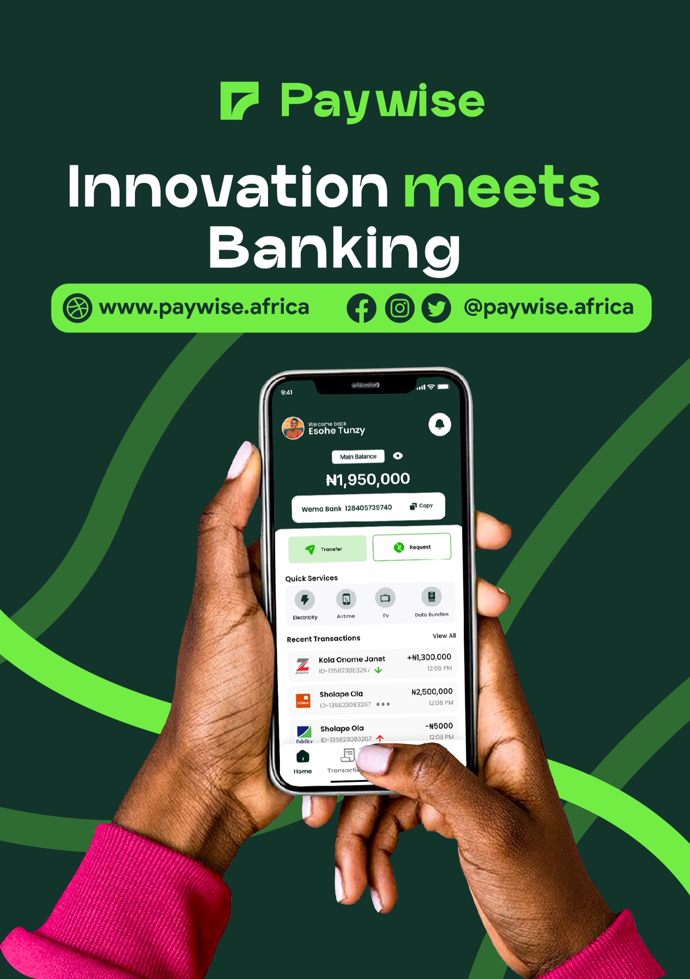Paywise flyer: the app open in a pair of hands, under the line “Innovation meets Banking”